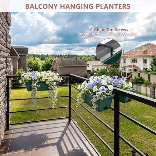 Deck Railing Planter Box Set of 2, Window Boxes Planters with Plant Hanger | Hanging Balcony Planters for Outdoor Plants, 17" Railing Flower Boxes Outdoor for Porch Rail Patio Garden DéCor, Green - color: Green
