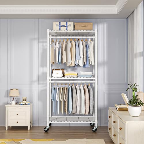 P1 Medium Heavy-Duty Portable Closet, 30" W x 14" D x 76" H, White | Metal Rolling Clothing Rack, Closet System with Wheels and Shelves for Hanging Clothes, Portable Wardrobe Organizer Storage - color: White, size: P1 Medium