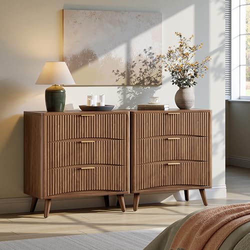 Evermagin 31.5" W Oversized Nightstands Set of 2 with 3 Drawers | Walnut Fluted Nightstand, Tall Large 3 Drawer Bedside Table, Mid Century Modern Side Table for Bedroom, livingroom - color: Walnut, size: 15.78"D x 31.5"W x 29.35"H (3 Drawers)
