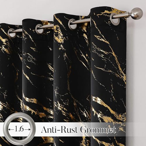 WUBODTI Black and Gold 100% Blackout Curtains 54 Inch Length for Kitchen Bathroom Kids Bedroom, Grommet Gold Marble Patterned Short Curtains Modern Luxury Thermal Insulated Curtain Drapes - color: Black and Gold, size: 52"W x 54"L (Pack of 2)