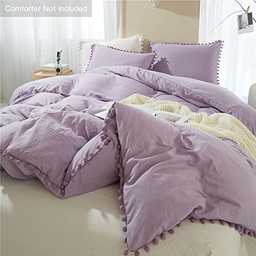 ETDIFFE Lavender Boho Duvet Cover Set Full Size, 3 Piece, 80x90 Inch | Bohemian Purple Pompom Microfiber Bed Comforter Cover Set, Farmhouse Soft & Lightweight Bedding Quilt Cover - color: Lavender, size: Full (No Comforter)
