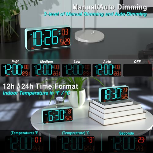 Alarm Clock for Bedroom, 6.7in Small Digital Clock, Auto Dimming, Room Temperature, Day of The Week, Date, Alarm Clocks for Living Room, Desk Clocks - color: Blue (Blue + Orange Digits)