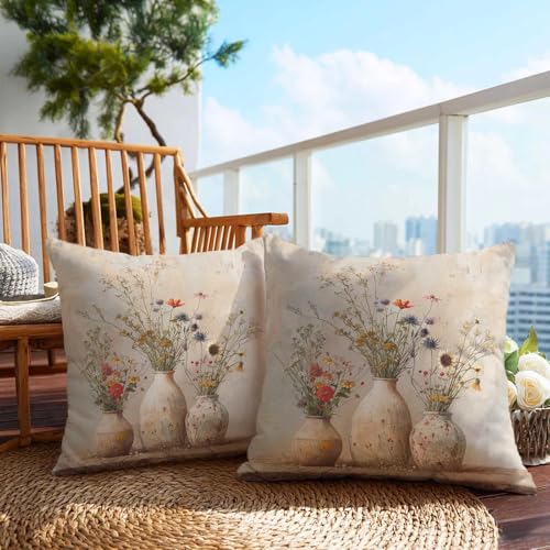 Firmiso Vintage Floral Vase Throw Pillow Covers 18x18 Set of 2|Neutral Botanical Cushion Covers for Couch Sofa Bed|Rustic Farmhouse Wildflower Pillow Cases|Cottage Beige Home Decor - color: Floral Vase