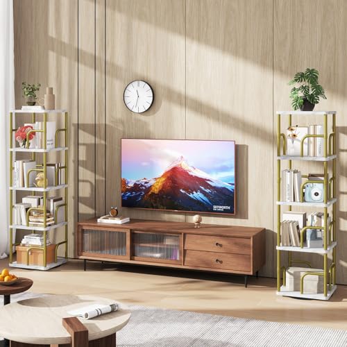 IBUYKE 5 Tier Rotating Bookshelf,Square Bookcases,White TBC004GW | 360°Spinning Bookcases Tower Freestanding Corner Bookshelf with Rails Industrial Bookcase Organizer for Bedroom Living Room - color: White, size: 5 Tier