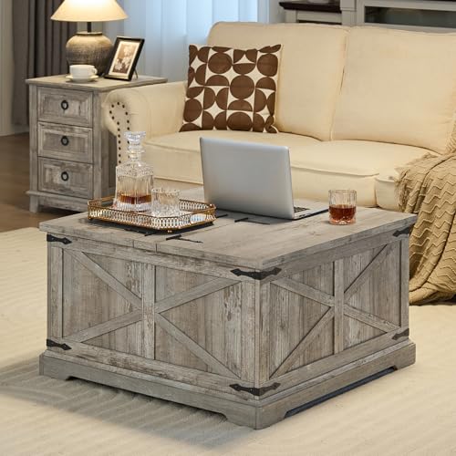Joaxswe Farmhouse Coffee Table with Large Hidden Storage Compartment, Light Oak Square Center Table, Wood Rustic Low Modern Living Room Tables with Hinged Lift Brown Top & Wooden Arc Base - color: Light Oak, style: With Base