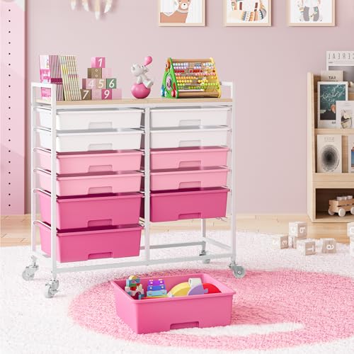 TOOLF 12 Drawers Rolling Storage Cart with Wooden Top for Classroom,Pink | Teacher Cart Craft Art Supply Organizer, Utility Cart with Lockable Wheels for Home Household Essentials, Office Organization - color: Gradient Pink