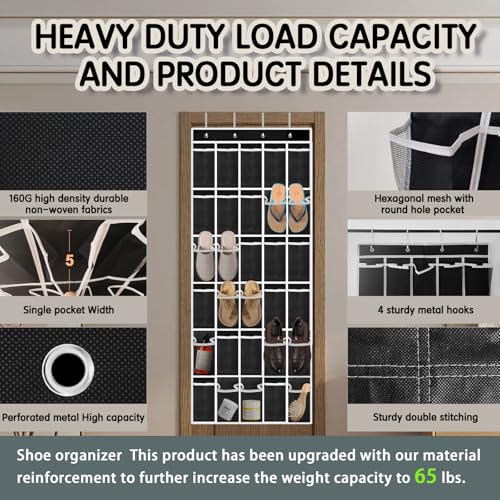 Kotkn Over the Door Shoe Organizer with 30 Breathable Mesh Pockets - Large Capacity Closet Storage for Men & Women, Hanging Shoe Rack Organizer (Solid black) - color: Solid black
