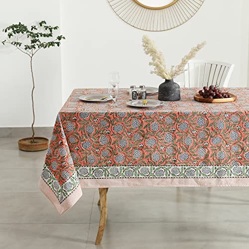 Labhanshi Indian Block Print Table Cloth|Washable Cotton Floral 72x135 Inch Rectangle 10-Seater Rustic Farmhouse Mother's Day Table Top Dining Cloth|Baby Shower Birthday Party Decor |Dark Salmon Pink - color: Dark Salmon Pink, size: 135" x 72" (Rectangula