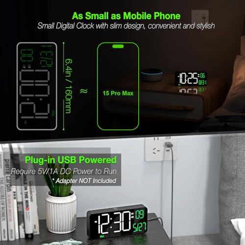 Digital Alarm Clocks for Bedrooms,6.7in Black Small Digital Clock for Bedroom, Auto Dimming,Date,Week,Seconds or Indoor Temperature,Desk Clocks for Living Room,LED Alarm Clock Calendar - color: Black Clock(white + Green Digits)