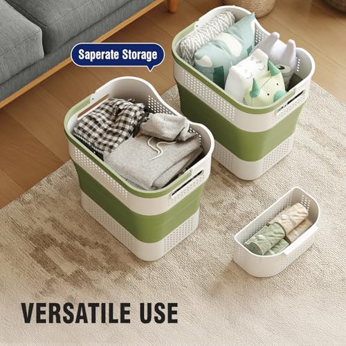 TECHMILLY Collapsible Plastic Laundry Basket Hamper with Handles, 35L Portable Rubber Clothes Basket, Pop Up Storage Container/Organizer with Hanging basket for Washing & Storage, Green - color: Green, size: 35L