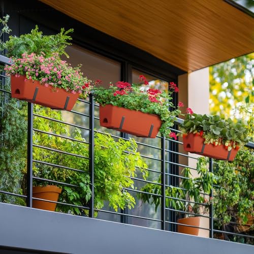 ETELI Railing Planter Box 6 Pack Balcony Planters Railing Hanging with Metal Brackets Window Boxes Deck Rail Planter for Outdoor Indoor Porch Garden Patio, Red & Black - color: Red & Black