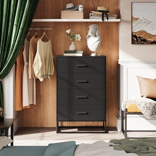 Black Dresser for Bedroom with 4 Drawers, Tall Wooden Chest of Drawers with Sturdy Metal Frame, Small Storage Organizer Cabinet for Closet, Hallway, Living Room - color: Black