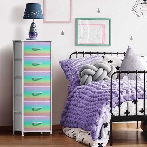 Sorbus Kids Dresser with 6 Drawers - Storage Chest Organizer Nightstand - Steel Frame, Wood Top, Tie-Dye Fabric Bins for Clothes - Wide Furniture for Bedroom, Hallway, Nursery, Closet, & Apartment - color: Colorful, style: 6 Drawer