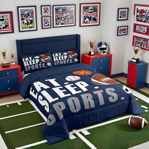 Feelyou Football Comforter Set Twin Size Kids Basketball Baseball Soccer Comforter for Boys Girls Sports Theme Bedding Set Breathable Soft Navy Blue Duvet Quilted Ball Game Room Decor - color: Multi 0938, size: Twin