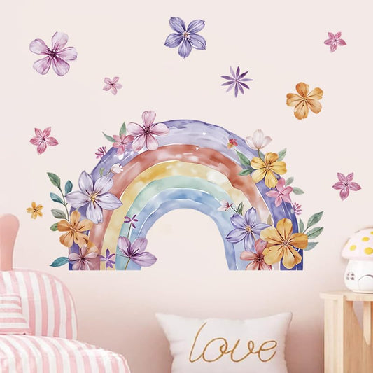 Large Rainbow Wall Decals Peel and Stick Watercolor Wall Art | Easy Removable Vinyl Wall Stickers for Girls Boys Kids Living Room Nursery Playroom Bedroom - color: Rainbow Flower