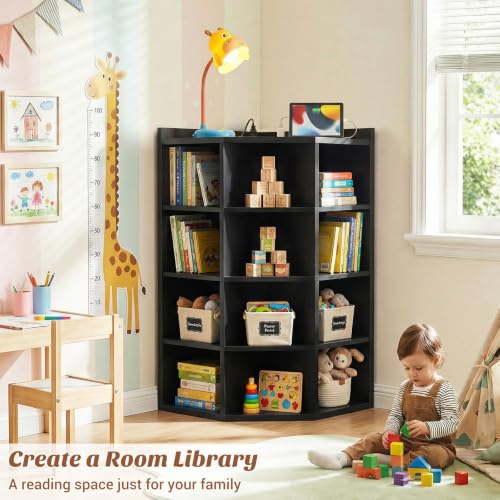 Aheaplus Corner Cabinet, 5-Tier Corner Bookshelf with Power Outlets, Corner Cube Storage Shelf with Top Table, Wooden L Cubby Toy Storage with 12 Cubes for Home Office, Bedroom, Living Room, Black - color: Black, size: 5-Tier