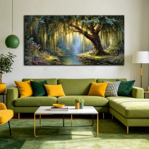 Green Willow Tree Canvas Wall Art Large Botanical Nature Wall Painting | Big Wall Pictures for Living Room, Hallway,Hotel,Dining Room,Home Office Decor Ready to Hang 58x29 Inch - color: Green, size: 58"L x 29"W
