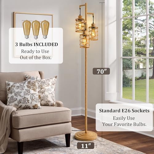 BOBOMOMO 70" Farmhouse Dimmable Floor Lamp, Light Wood Grain Industrial Metal Cage Standing Lamp with 3 LED Bulbs, Stepless Dimming Tall Tree Lamp for Living Room, Bedroom, Studio, Corner - color: Wood Grain