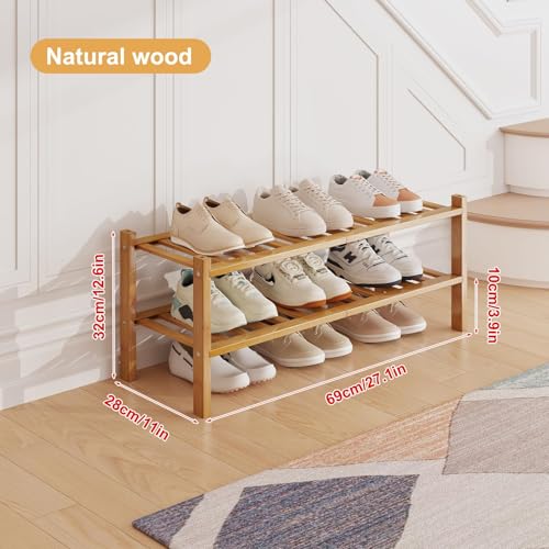 Bamboo Shoe Rack Organizer for Closet and Entryway - Space-Saving Shoe Stand with Narrow Design - Versatile Shoe Holder for Door or Closet Shelf,Garage Bedroom can Freely Stack DIY Small Shoe Racks - color: Natural Color, size: 2-Tier