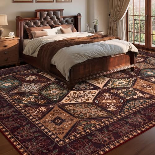 Vintage Rug 9x12, Washable Distressed Patchwork Rug for Living Room, Brown | Elegant Floral Bedroom Carpet with Non Slip Low Pile, Moroccan Burgundy Design for Office Apartment Dining Room - color: Brown/Burgundy, size: 9x12 Feet