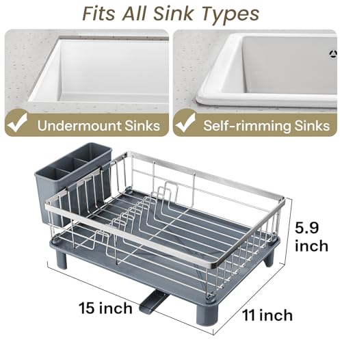 SNTD Dish Drying Rack for Small Kitchen Counter, 11" W x 15" L, Silver | Space Saving, Rotating Spout & Angled Drainboard for Quick Drainage, Stainless Steel, Removable Utensil Holder - color: Silver, size: 11" W x 15" L