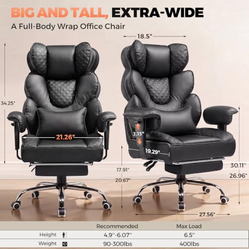 COMHOMA Big and Tall Office Chair with Upgrade Footrest, Heavy Duty Gaming Chair High Back Executive Chair with Spring Lumbar Support for Lower Back Pain Relief, 150°Reclining Adjustable Armrests - color: Luxury Black