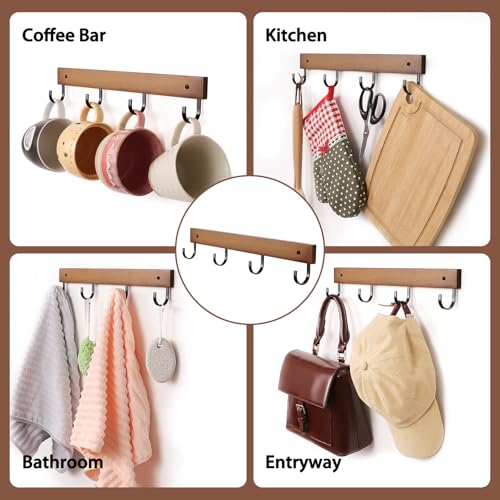 SCUNDA Mug Hook for Wall, 180° Swivel Hooks for Cups, Wooden Wall Mounted Rotatable Hooks for Hanging Mugs, Hats, Keys, Kitchen Utensils, Robe, Towel, Strong Metal Hook with Wood Base (2, Brown) - color: Brown