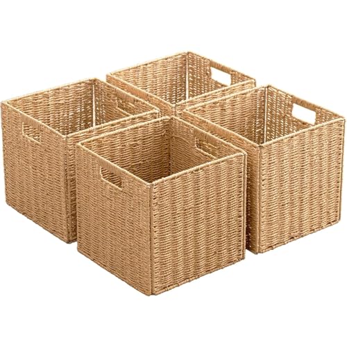 13x13x13 Storage Cube Bins Set of 4, Paper Rope Hand Woven Storage Basket with Handles, Collapsible Square Storage Cubes for Shelves, Wicker Shelf Baskets for Living Room Bedroom Organizing, Natural - size: 13" x 13" x 13" (4 Pack)