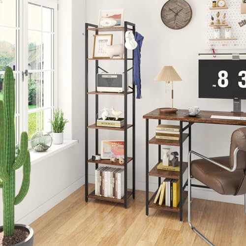 YMYNY Bookshelf, 6-Tier Ladder Shelf Organizer, Narrow Shelving Unit, Corner Storage Racks, Large Capacity Bookcase, for Home Office Living Room Balcony Bathroom, Metal Frame,HBC001H - color: Rustic Brown, size: 6 Tiers