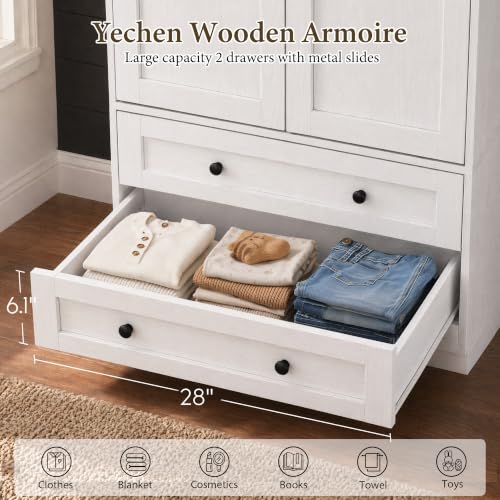 71" Wooden Armoire Wardrobe Closet Set of 2, 4 Doors & 4 Drawers | Modern Tall Storage Cabinet with 2 Adjustable Shelves and Hanging Rail, Sturdy Freestanding, Wide Drawers, For Bedroom - color: White, size: 71" - 4 DOORS