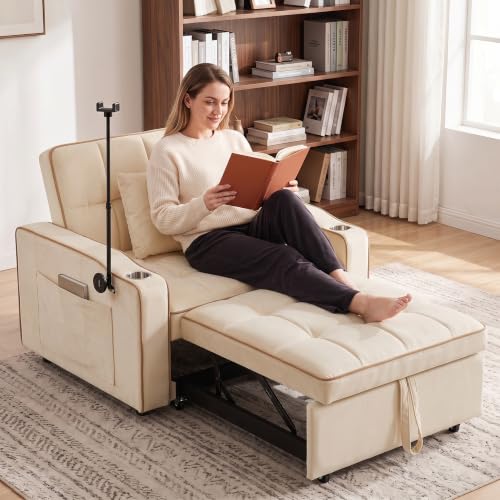 Sleeper Chair with USB Port, 3 In1 Pull Out Sofa Bed, White | Adjustable Backrest,Soft Cushioning,Handy Side Pocket,Cup Holders,Phone Holder - color: D-white-g2