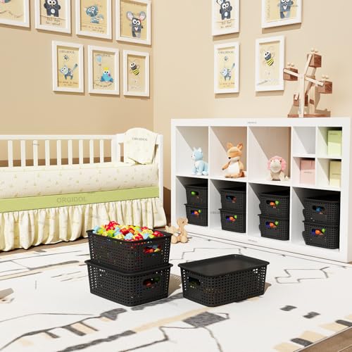 ORGIDOL Plastic Storage Basket with Lids 12 Pack Stackable Black Storage Bins Containers with Lid, Decorative Storage Boxes for Organizing Shelves, Drawers, Playroom, Classroom, Office, Closet - color: Black, size: 12 Pack