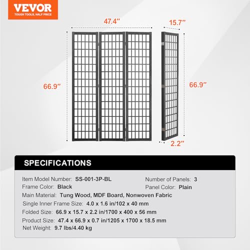 VEVOR Room Divider, 3 Panel Japanese Room Divider, Wood Folding Privacy Screen Indoor, Japanese Partition Dividers Portable Decoration Screens, for Room Separation Home Office Restaurant & Bedroom - color: Black, size: 3 Panel