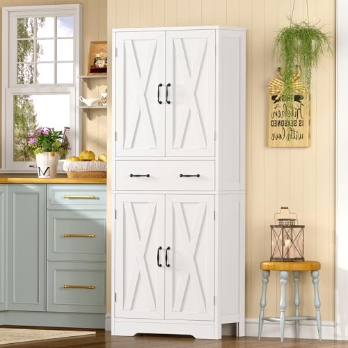 Tall Storage Cabinet with 2 Adjustable Shelves & 1 Large Drawer, Kitchen Pantry Cabinet with 4 Doors, Bathroom Storage Cabinets, for Living Room, Kitchen, Bathroom, White - color: White,1 Drawer
