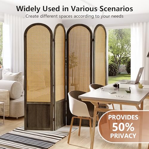 Rattan Room Divider, 4 Panel Folding Room Screen Divider, Brown | Woven Privacy Screen, Foldable Room Partition, Freestanding Room Screen Divider for Bedroom, Apartment, Office, No Assembly - color: 4 Panel Brown, size: 4 Panel