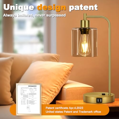 Set of 2 Industrial Touch Control Table Lamps with 2 USB Ports and AC Outlet - 3-Way Dimmable Gold Bedside Lamp Nightstand Desk Lamps for Bedroom Living Room, Amber Glass Shade & 2 LED Bulbs Included - color: Gold(2 pack)-Amber Glass-Touch Control