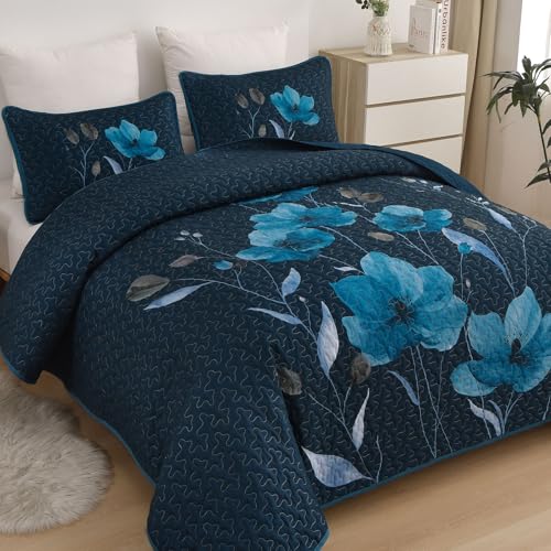 Mybedsoul Floral Quilt Set Queen Size, 3 Pieces Dark Blue Bedspread Coverlet Set, Lightweight Farmhouse Botanical Bedding Set for Fall Winter All Season(96"x90") - color: Dark Blue, size: Queen96"x90"