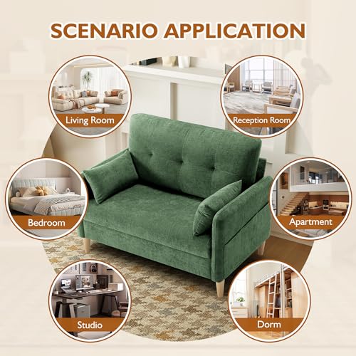 Urhanherry 47" Small Sofa Couch for Bedroom, Soft Chenille loveseat Mini Couch with Throw Pillow and Removable Cushion Cover for Small Spaces, Living Room, Apartment, Dorm, Office(Green) - color: Green