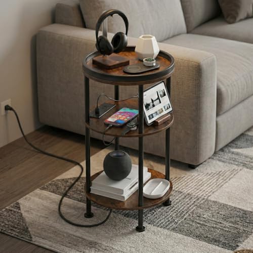 Small Round Side Table with Charging Station for Small Spaces, Rustic Brown | 3-Tier Round Accent Table with USB Ports & Power Outlets, Corner Table Sofa End Table for Living Room Nightstand for Bedroom - color: Rustic Brown, style: USB Charger