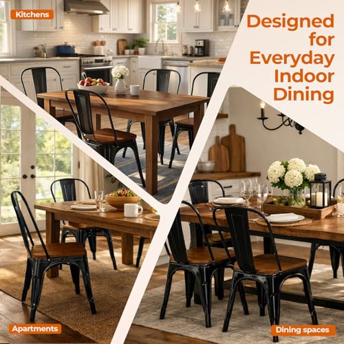Obsidian Black Color,Metal Black Dining Chairs with Wood Seat,Set of 4 | Iron Stackable Tolix Modern Indoor Outdoor Bistro Kitchen Patio - color: Obsidian Black