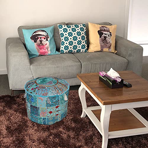 Indian Pouf Footstool Ethnic Embroidered Pouf Cover, Indian Cotton Round Pouffe Ottoman - Cover Only (Turquoise, 22x14) - color: Turquoise, size: 13"D x 13"W x 18"H