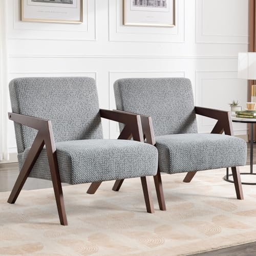 Bonzy Home Mid-Century Modern Accent Chair Set of 2 with Wood Frame, Upholstered Armchair for Bedroom & Living Room, Linen Fabric Cushion, Z-Shaped Armrest Design, Sturdy Lounge Chair - color: Light Gray, size: 2PCS
