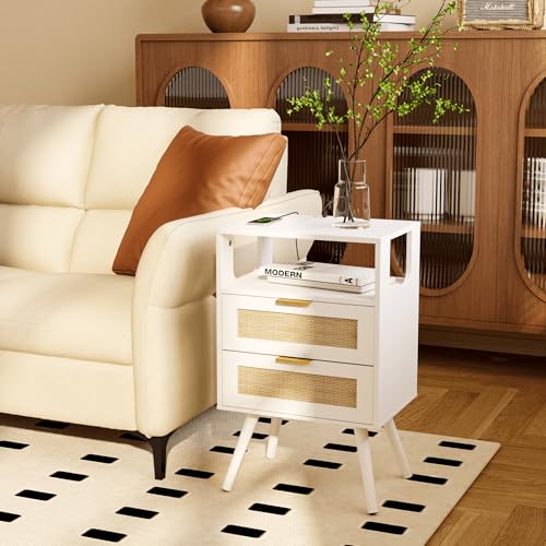 Rattan Nightstand with Charging Station,Farmhouse Bedside Table with 2 Storage Drawer and Open Wood Shelf, for Bedroom and Small Spaces,Night Stand with Solid Wood Legs (White-Outlet) - color: White-outlet