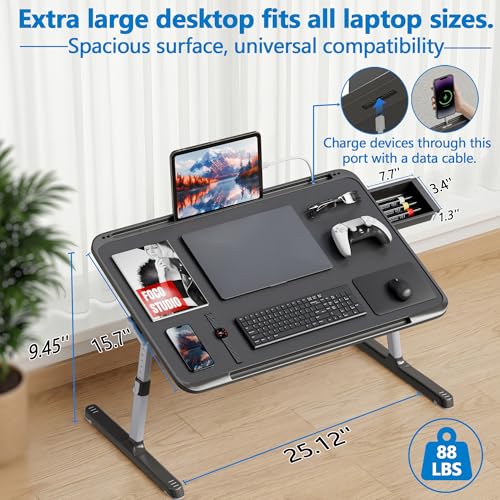 Potuopy Adjustable Laptop Lap Desk, Foldable Bed Table Tray Fit 17" Laptops | Portable Lap Desks for Adults with 8 Heights & Tilt & Storage, Computer Laptop Stand for Painting & Writing on Couch Recliner - color: Black