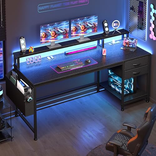 DurayLoly 55" Gaming Desk with RGB Lights & Power Outlets for Teens | Wireless Remote Full-Color Strip, Various Lighting Modes, Level Up Teens Gaming Vibe or Study for Protect Eyes In Bedroom - color: Black, size: 55"W*20"D*35.5"H