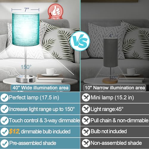 Lynnoland Green Touch Table Lamps Set of 2 with 2 USB & AC Outlet, 3-Way Dimmable Bedside Nightstand Lamps for Bedroom Lamps Living Room Nursery, 800 Lumens 5000K Daylight Bulbs Included - color: (2 Pack)Green & Brushed Nickel(Base)-5000K Bulbs Included