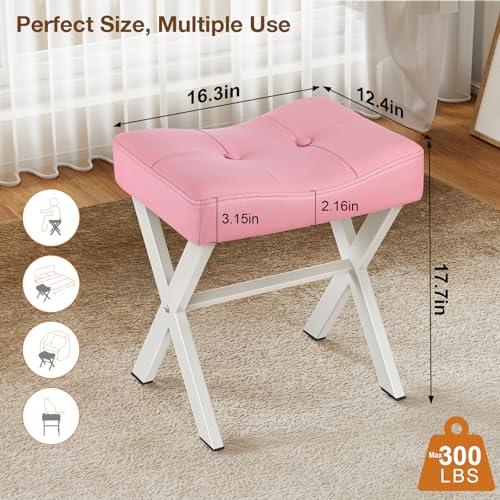 18-Inch Leather Vanity Stool Chair, Pink Saddle Vanity Stool | Vanity Bench, Metal X-Leg, 300 LBS, 16.3"x12.4"x18", Ottoman Accent Stool, Thick Padded Saddle Seat, For Living Room, Bedroom - size: Small, style: Pink Leather