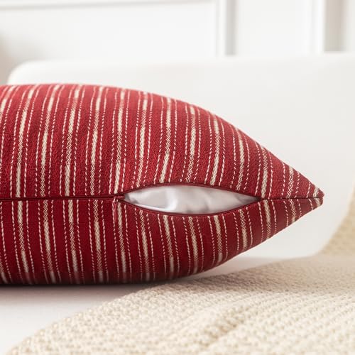 Kevin Textile Valentines Wine Red and Beige Farmhouse Striped Patchwork Linen Decorative Throw Pillows Covers 18x18, Set of 2, Modern Accent Square Cushion Covers for Couch Chair Bedroom - color: Wine Red, size: 18" x 18" (Pack of 2)