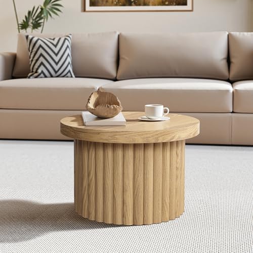 LuxenHome 23.5" Small Round Coffee Table, Wooden Fluted Oak Accent Table, Modern Side Tables for Living Room - color: C Brown
