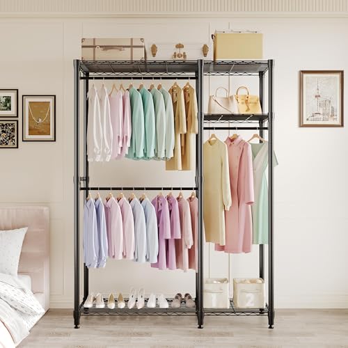 Freestanding Heavy Duty Garment Rack, Large, Black | Adjustable Shelves and Hanging Rods, 700 Lbs Capacity, Portable Closet Organizer, For Bedroom or Cloakroom Storage - size: 41.6"D x 15.5"W x 76.5"H